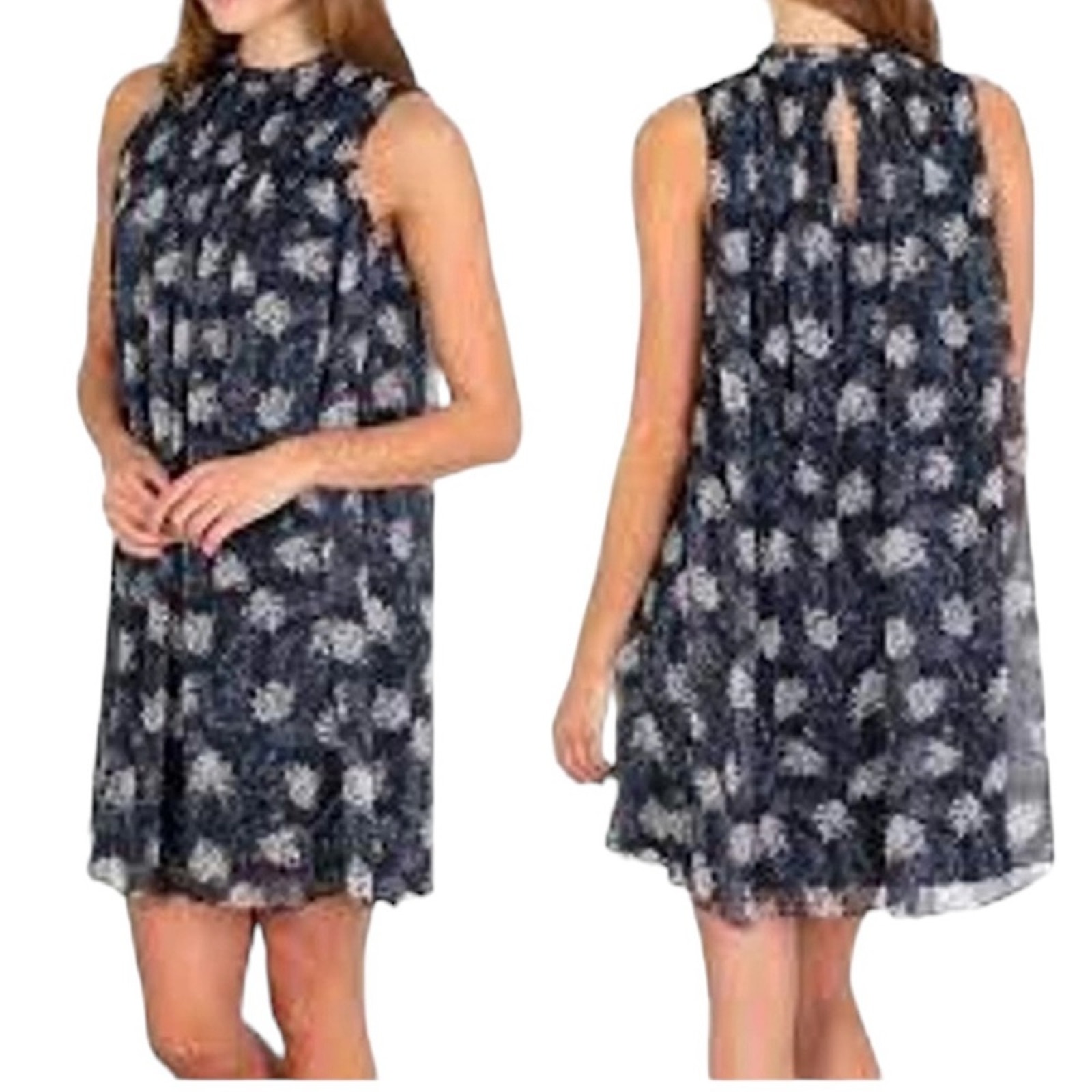 Joie Ruffle Neck Printed Mini Dress | Navy Tan | Medium